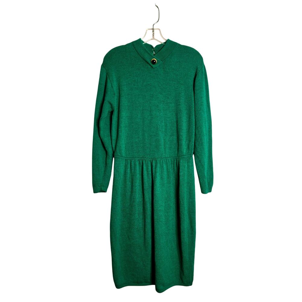 Vintage Luxury St. John Santana Knit Long Sleeve Dress 10 Green Button Detail